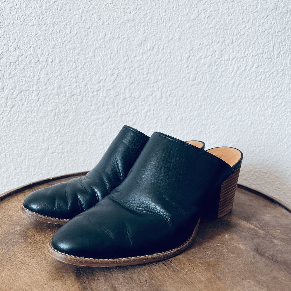Madewell Black Leather Harper Slip-On Block Heeled Mules Women's Size 9.5